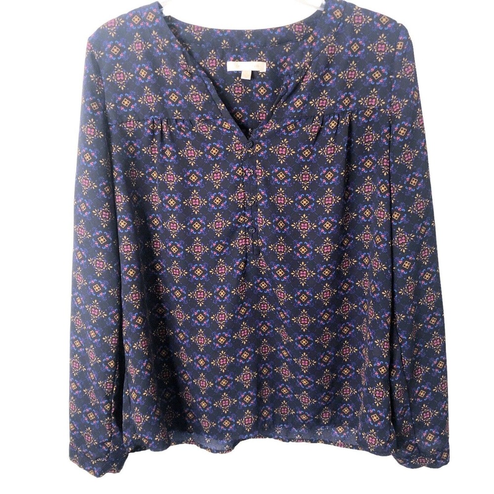 Skies Are Blue Women's V-Neck Patterned Long Sleeve Popover Blouse Size Medium